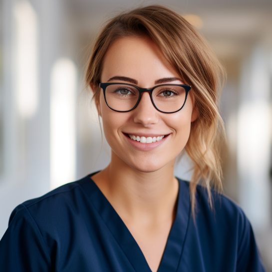 Lisa Wagner, hellhäutige junge Frau mit halb zurückgebundenen langen Haaren, Brille und einem dunkelblauen Oberteil.