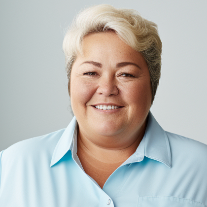 Anna Müller, hellhäutige Frau mit kurzen Haaren und einem hellblauen Polo-Shirt, lächelnd.