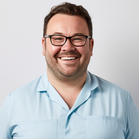 Dr. med. Thorsten Schmidt, hellhäutiger Mann mit kurzen Haaren und Brille und einem hellblauen T-Shirt, der in die Kamera lacht.