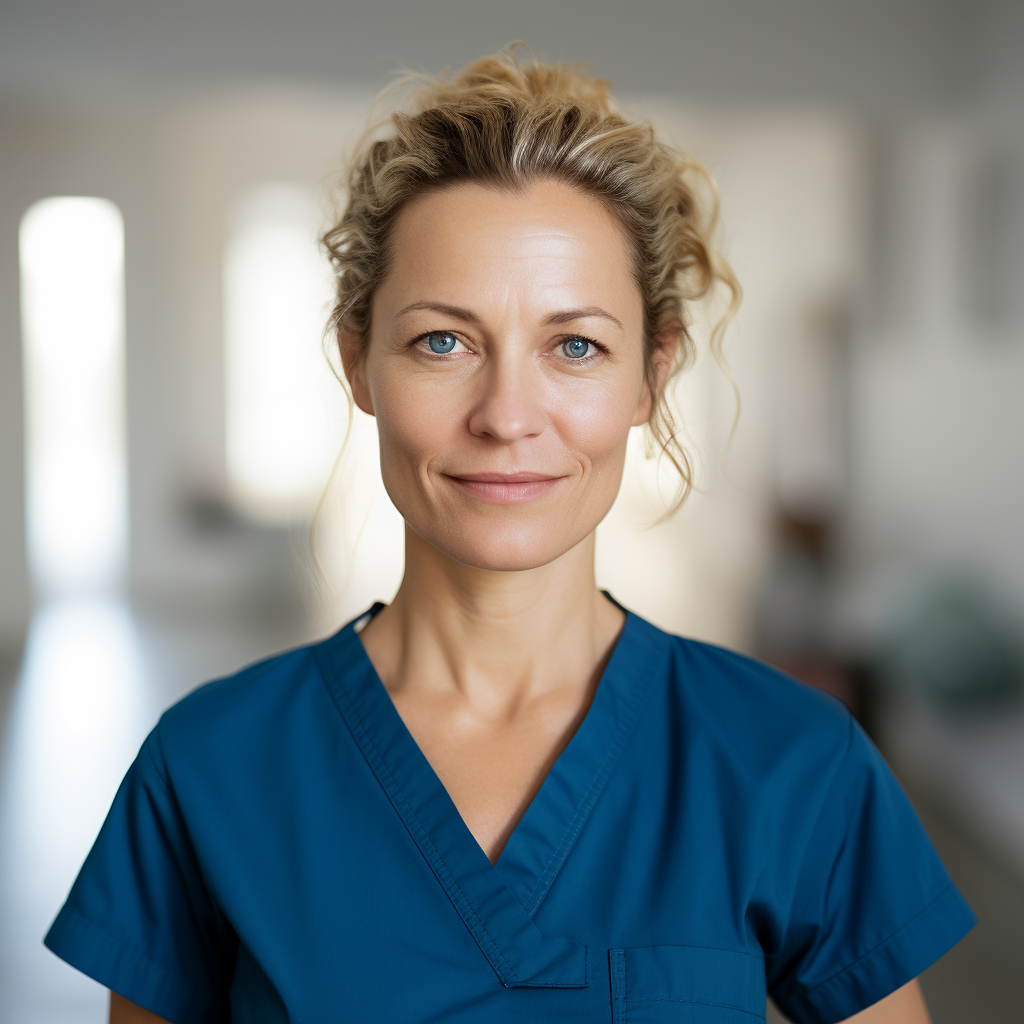 Sabine Fischer, eine hellhäutige Frau mit zurückgebundenen blonden Locken und einem blauen Oberteil.