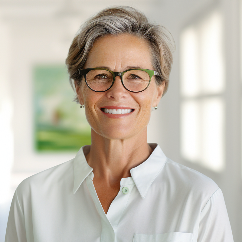 Dr. med. Christiane Breier, hellhäutige Frau mit kurzen Haaren, einer Brille und einer weißen Bluse lächelt freundlich in die Kamera.