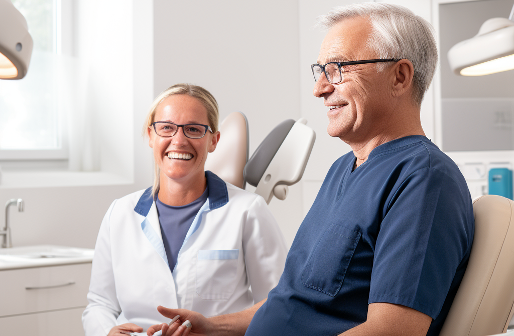 Ein Patient mit blauem T-hirt, dunkler Brille und grauen kurzen Haaren sitzt auf einem Behandlungsstuhl; er ist im Profil zu sehen und lächelt. Neben ihm sitzt eine blonde Ärztein im Kittel und lacht.